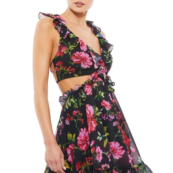 MAC DUGGAL Ruffle Cutout Lace-Up Mini Dress in Black Multi Size US 10 - Picture 7 of 9